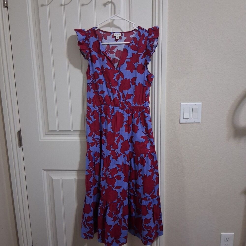 J Crew womens floral tiered dress w/v neck and ruffle cap sleeves sze 6